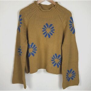 Mock Neck Long Sleeve Sweater Women's Size L Brown‎ Blue Flower Pullover NWOT